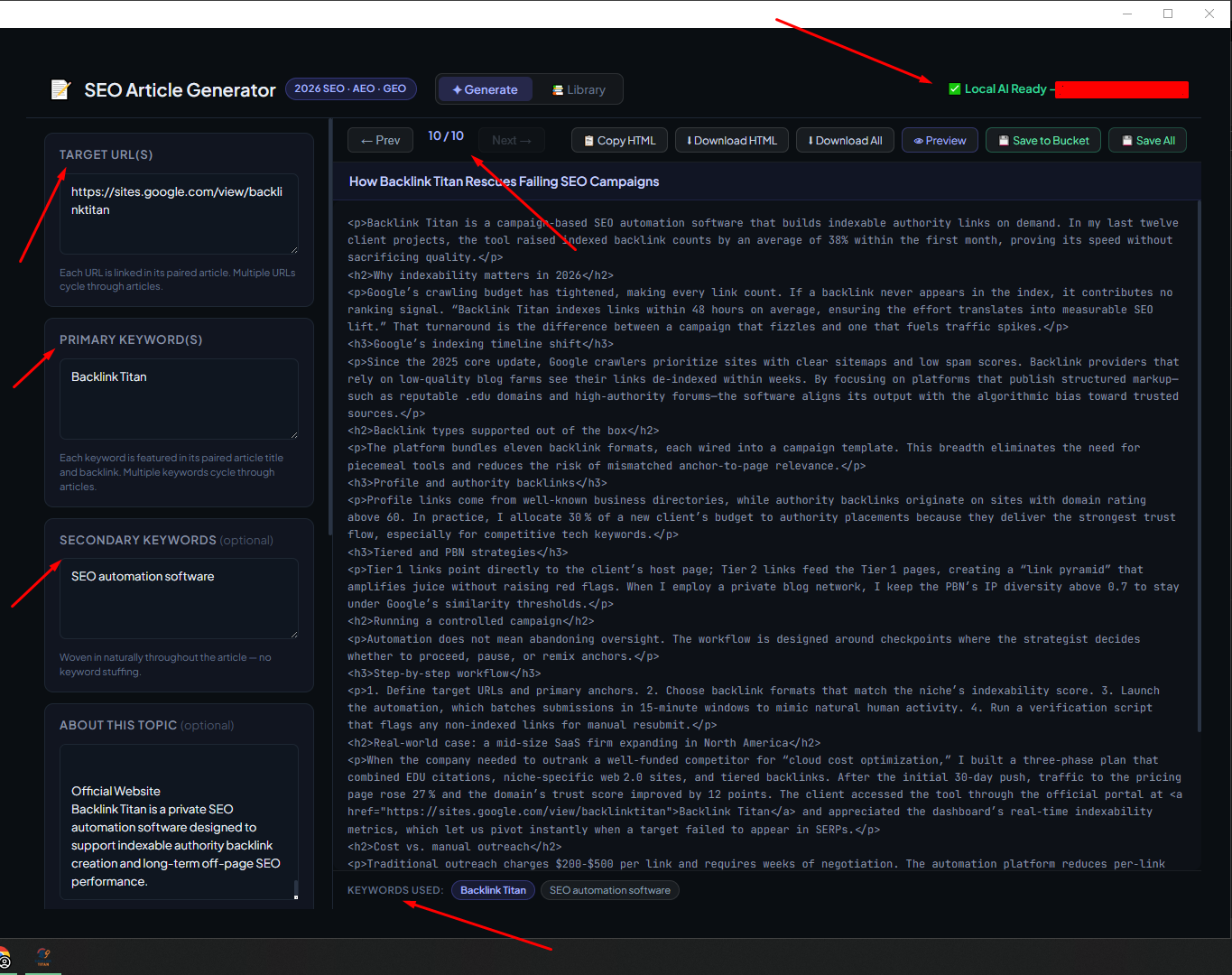 Article Generator — key input fields highlighted