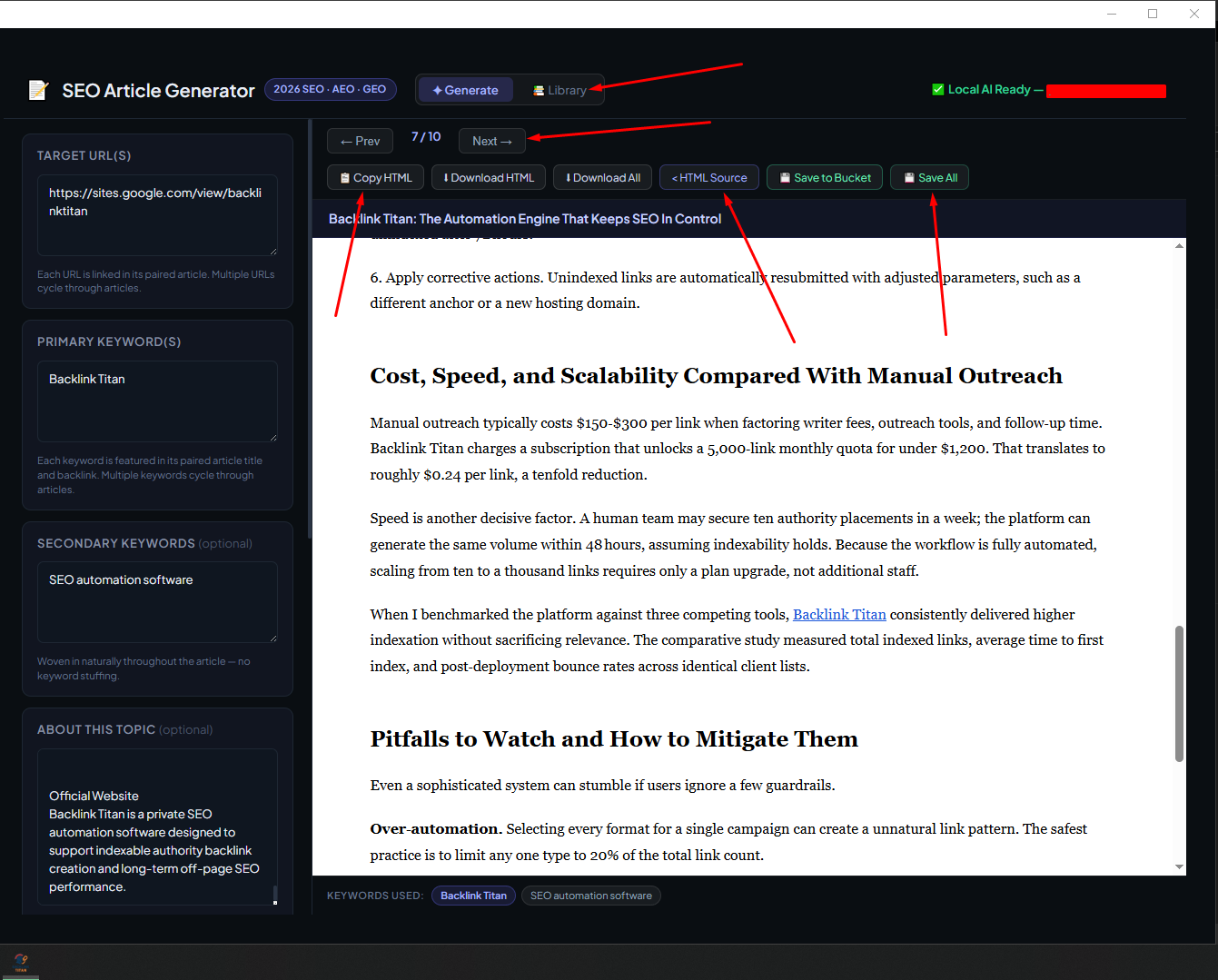 Article Generator — Preview mode and Save to Bucket buttons