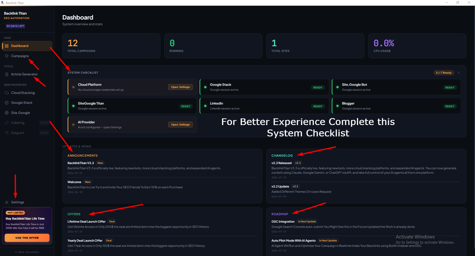 BacklinkTitan Dashboard on first launch showing System Checklist and Updates