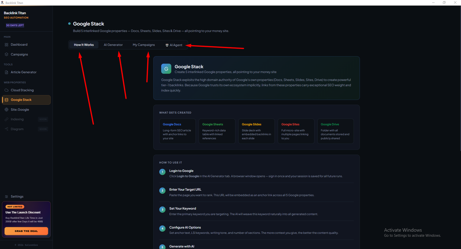 Google Stack builder creating interlinked Google Docs, Sheets, and Slides