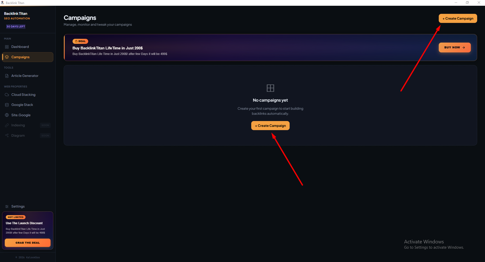 Campaigns page — click Create Campaign to begin