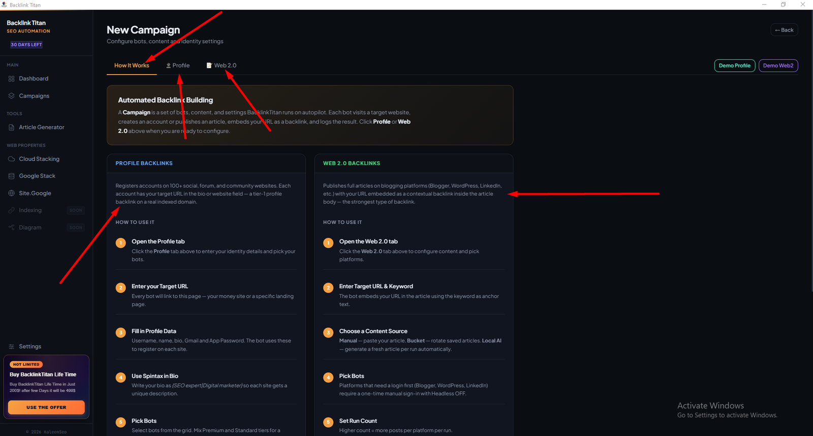 New Campaign How It Works tab explaining Profile vs Web 2.0