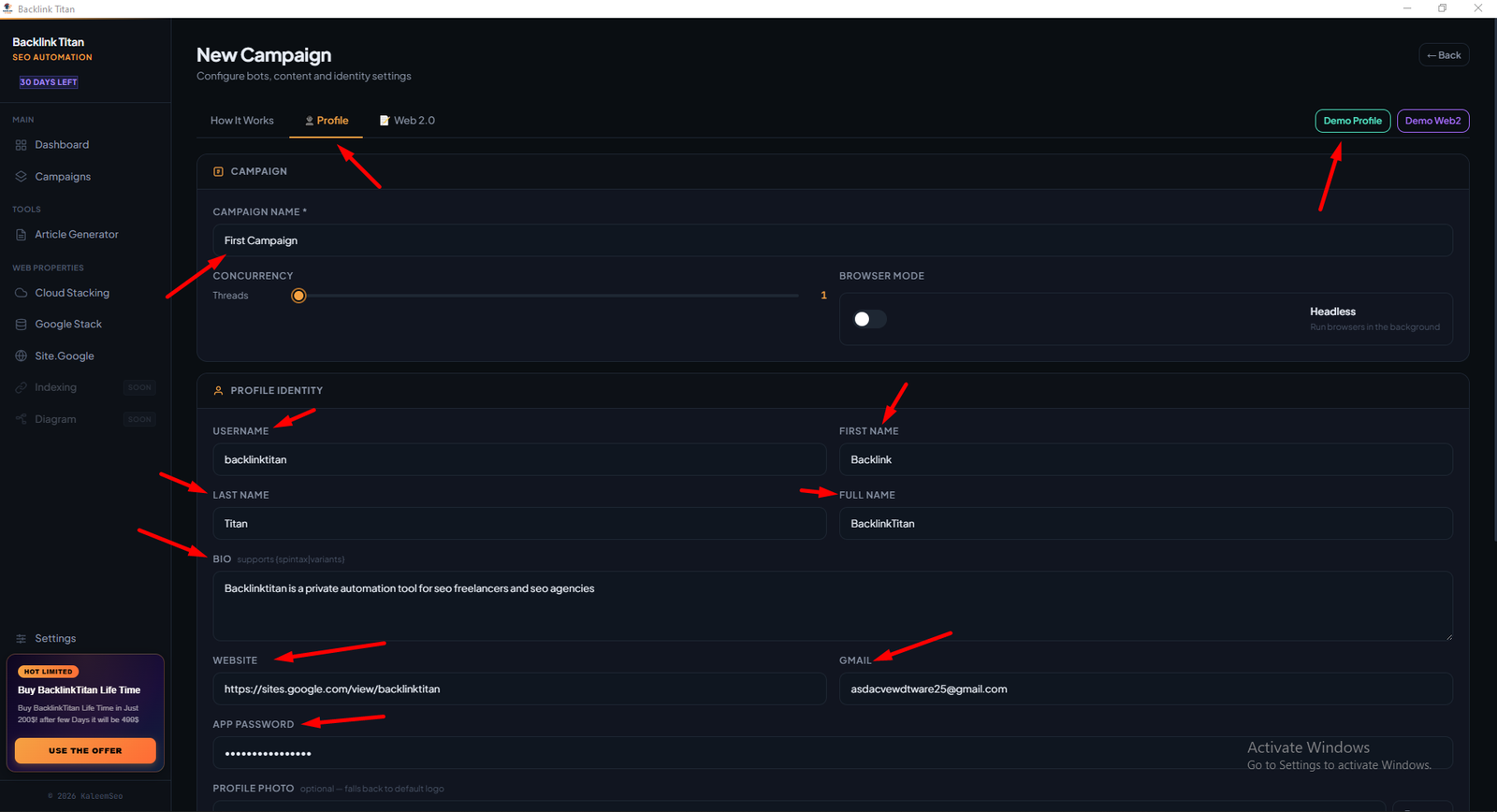 Profile tab showing identity fields — Username, Name, Bio, Website, Gmail, App Password