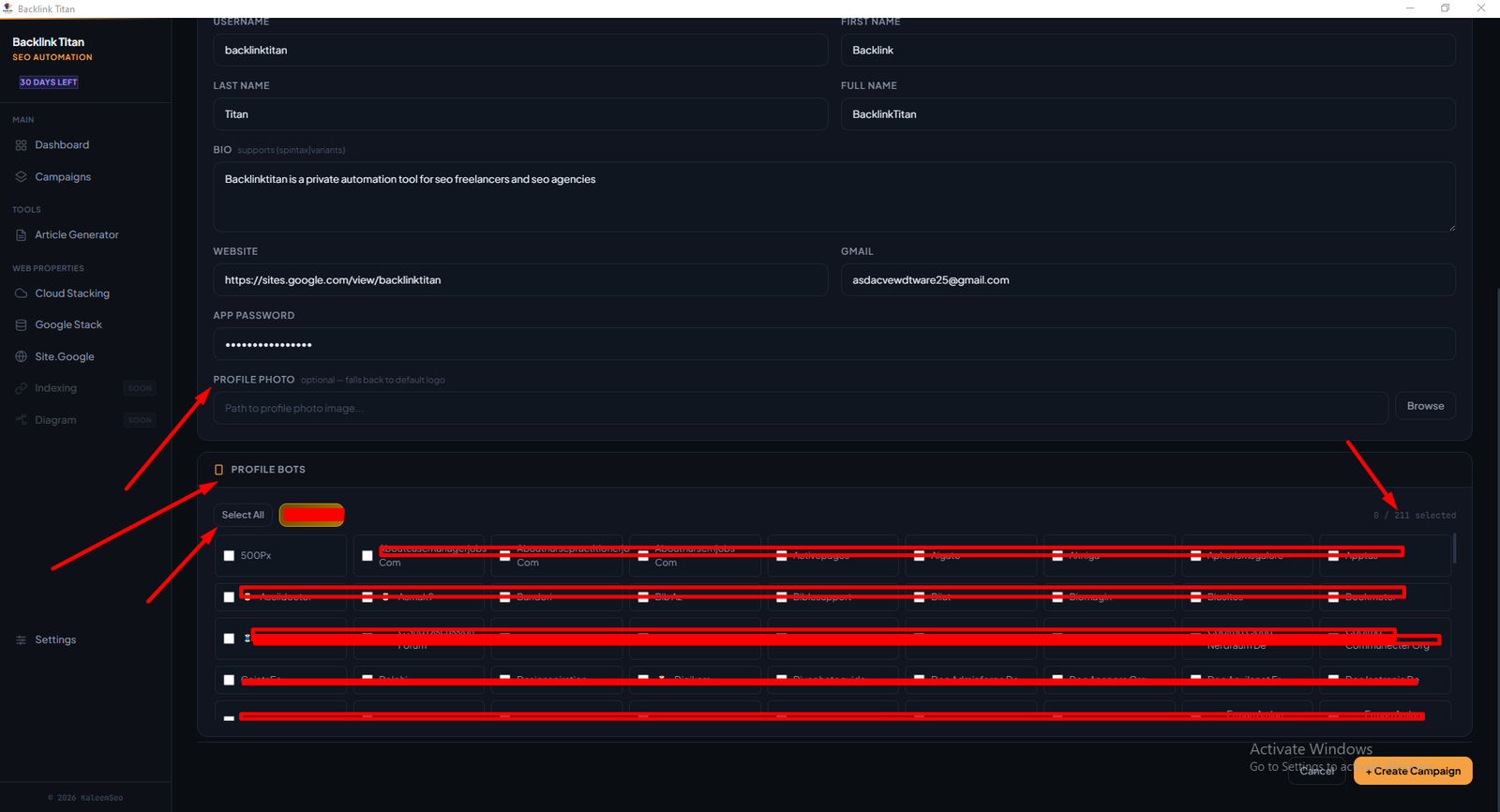 Profile Bots grid with Select All and individual bot checkboxes