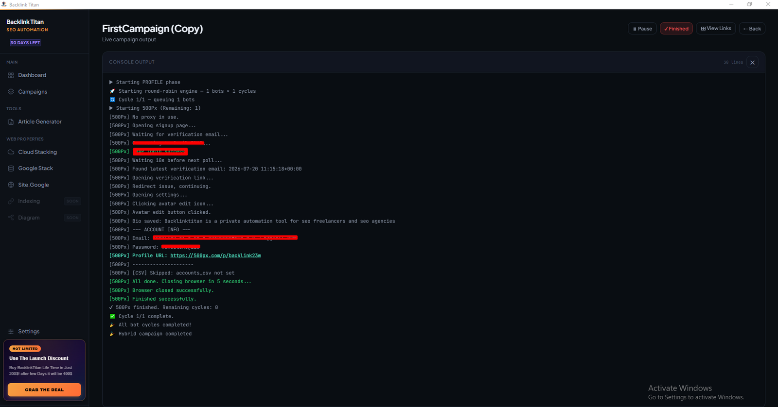 Live console output showing bot progress and successful profile URL