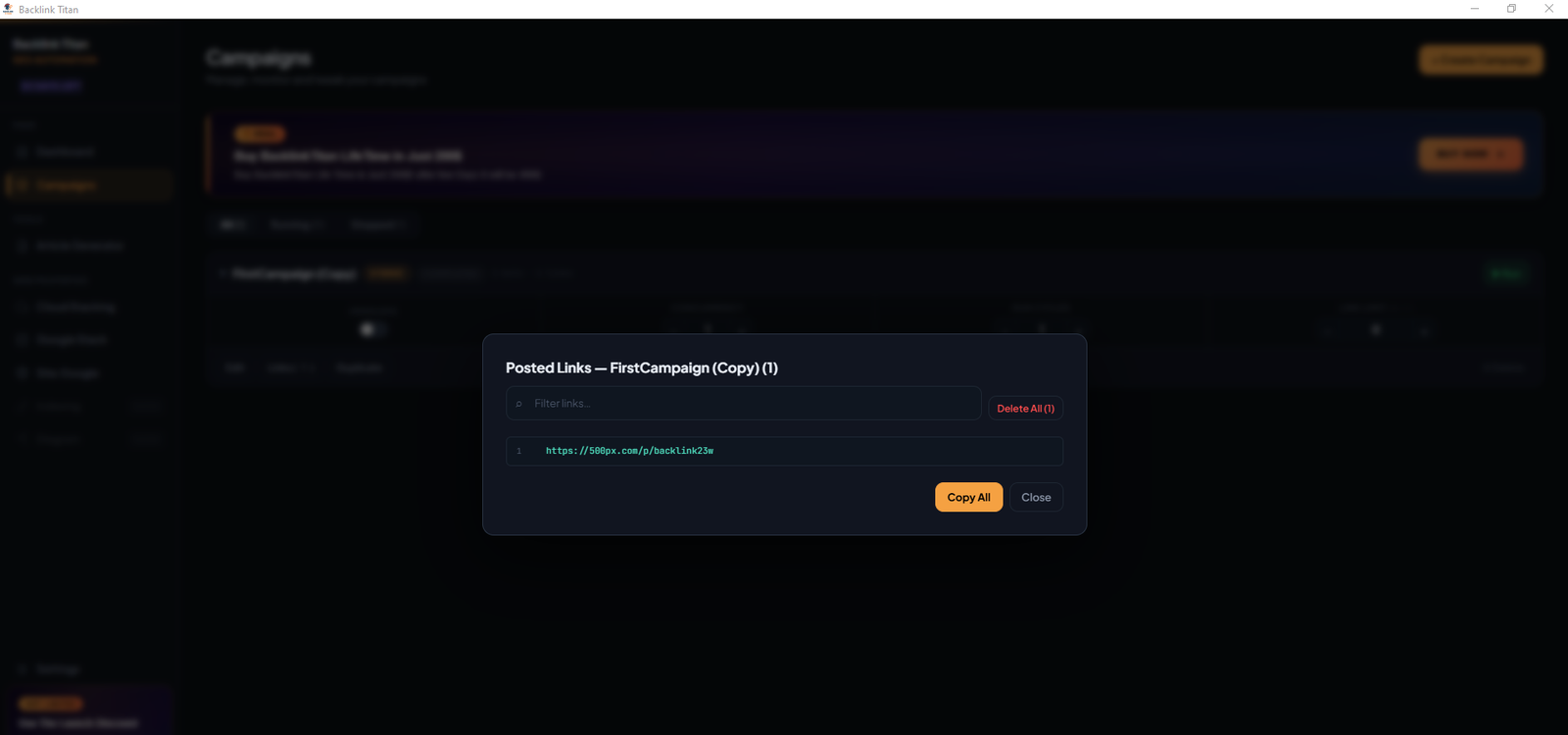 Posted Links modal showing the backlink URL created