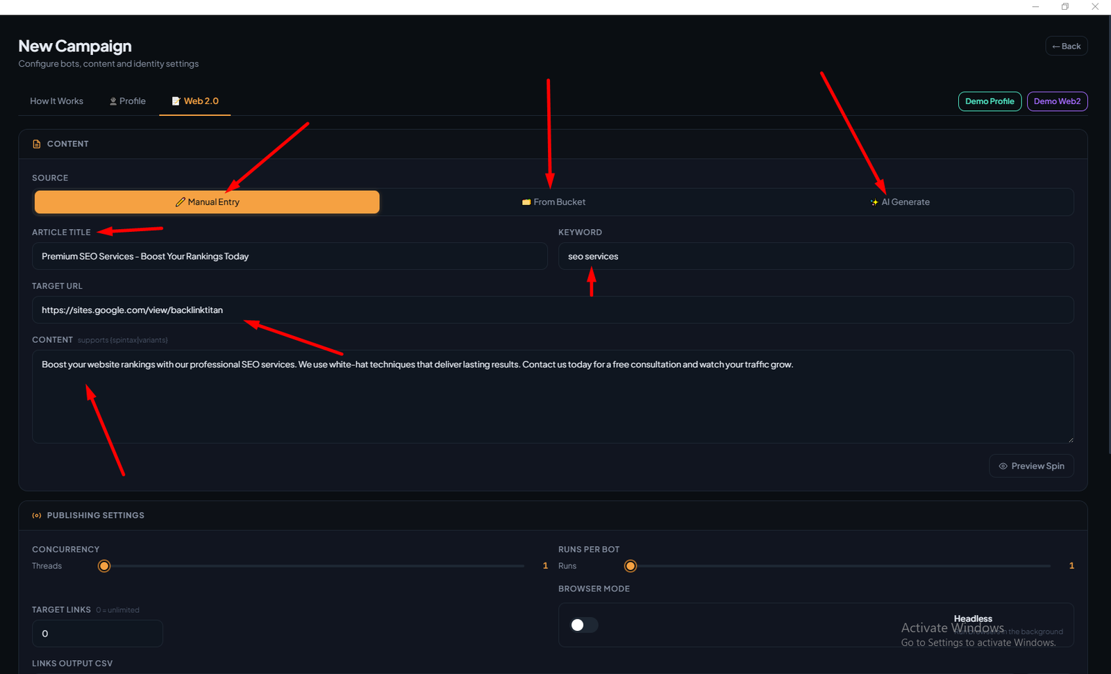 Web 2.0 campaign setup — selecting campaign type and target URL