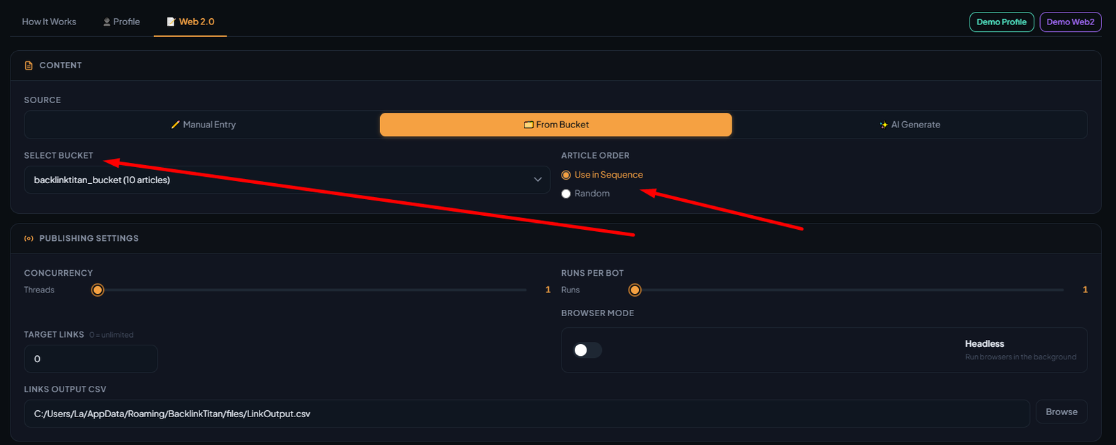 Web 2.0 bot selection grid with run count setting