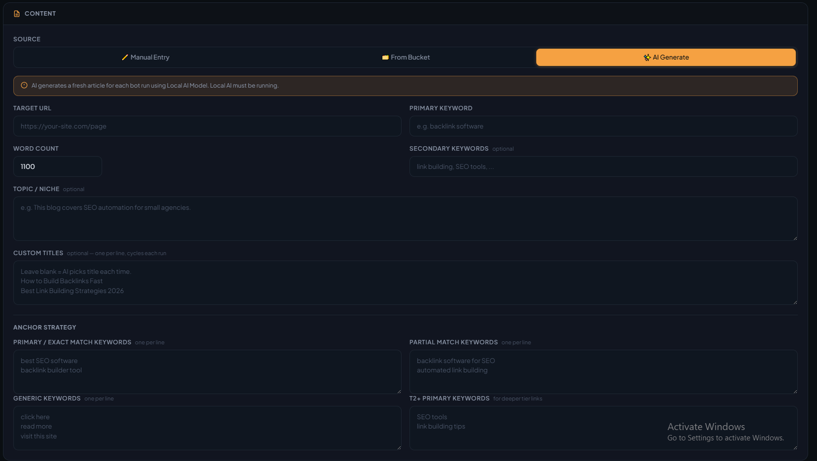 Web 2.0 live console showing bots publishing articles and posted URLs
