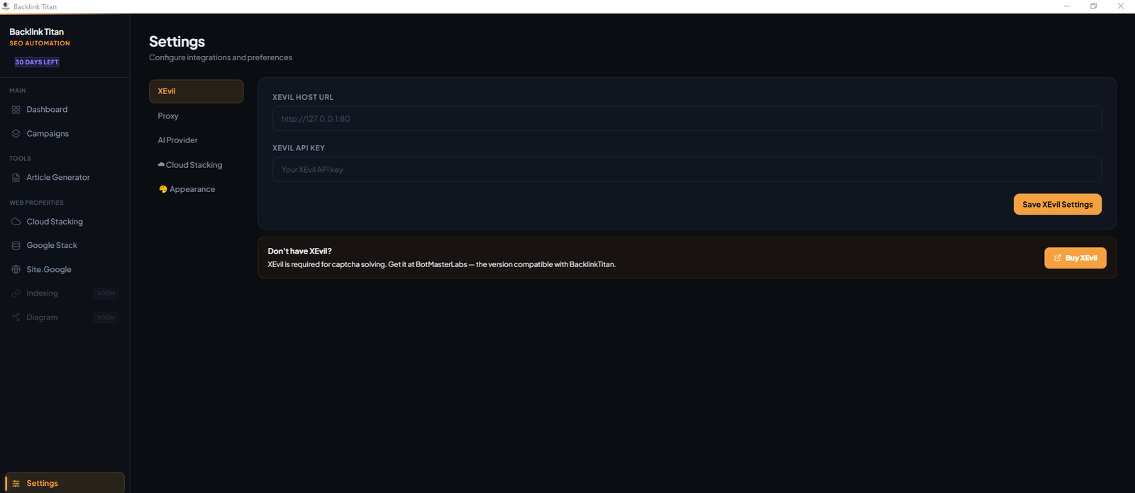 XEvil API key configured in BacklinkTitan Settings