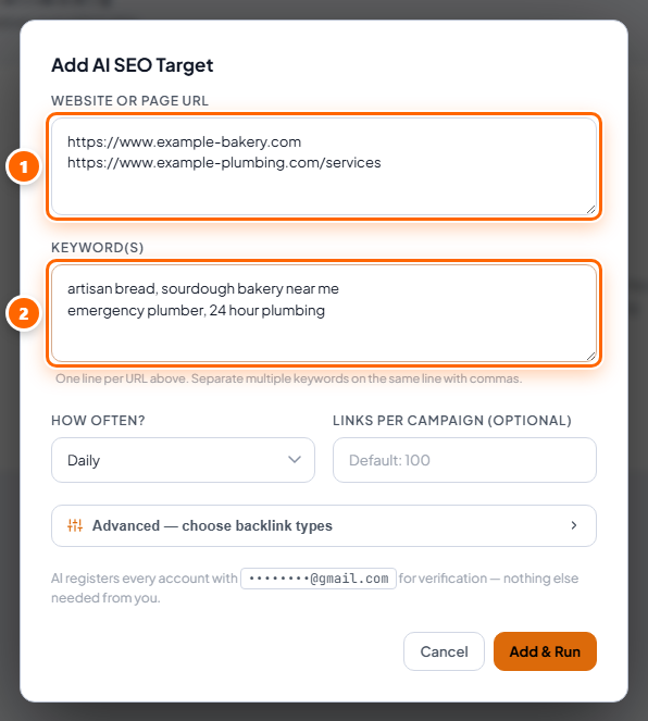 Add AI SEO target dialog