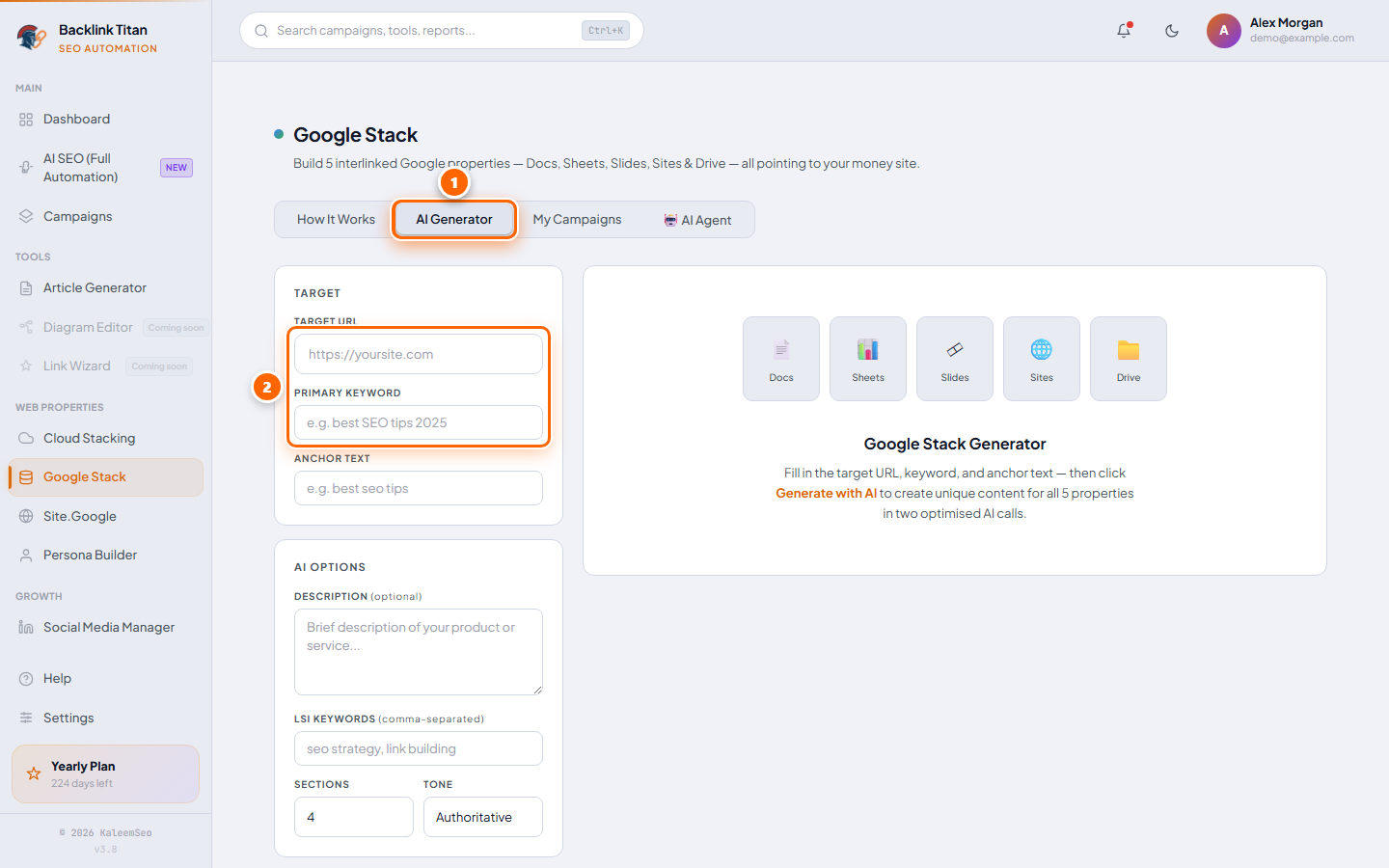 Google Stack AI Generator tab with target URL and keyword fields