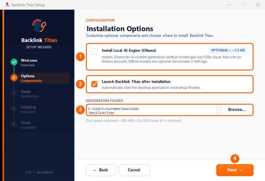 Installer options page