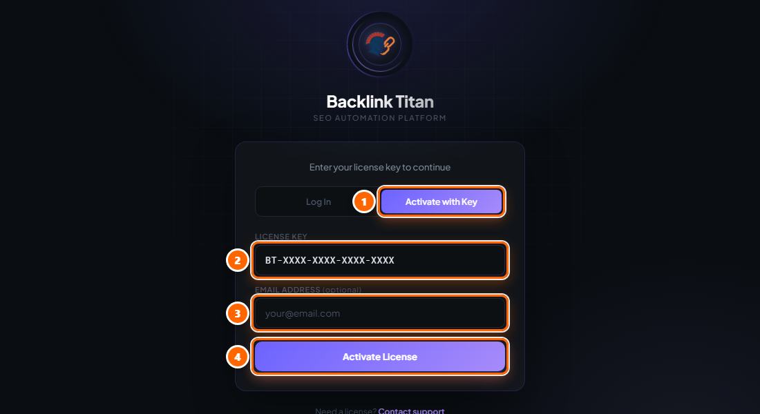 License screen, license key activation
