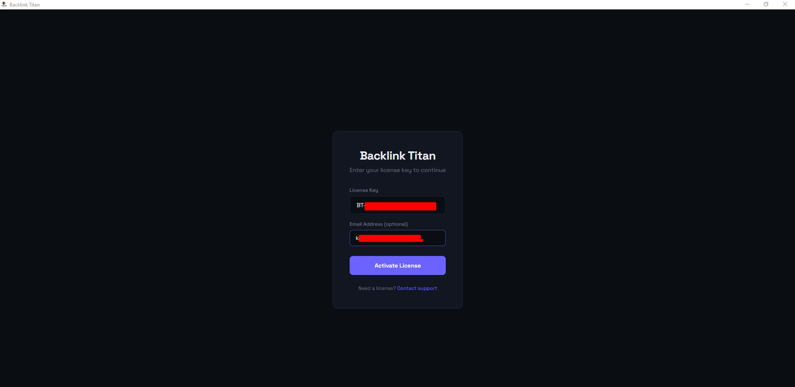 License activation screen — enter your BT- key and email