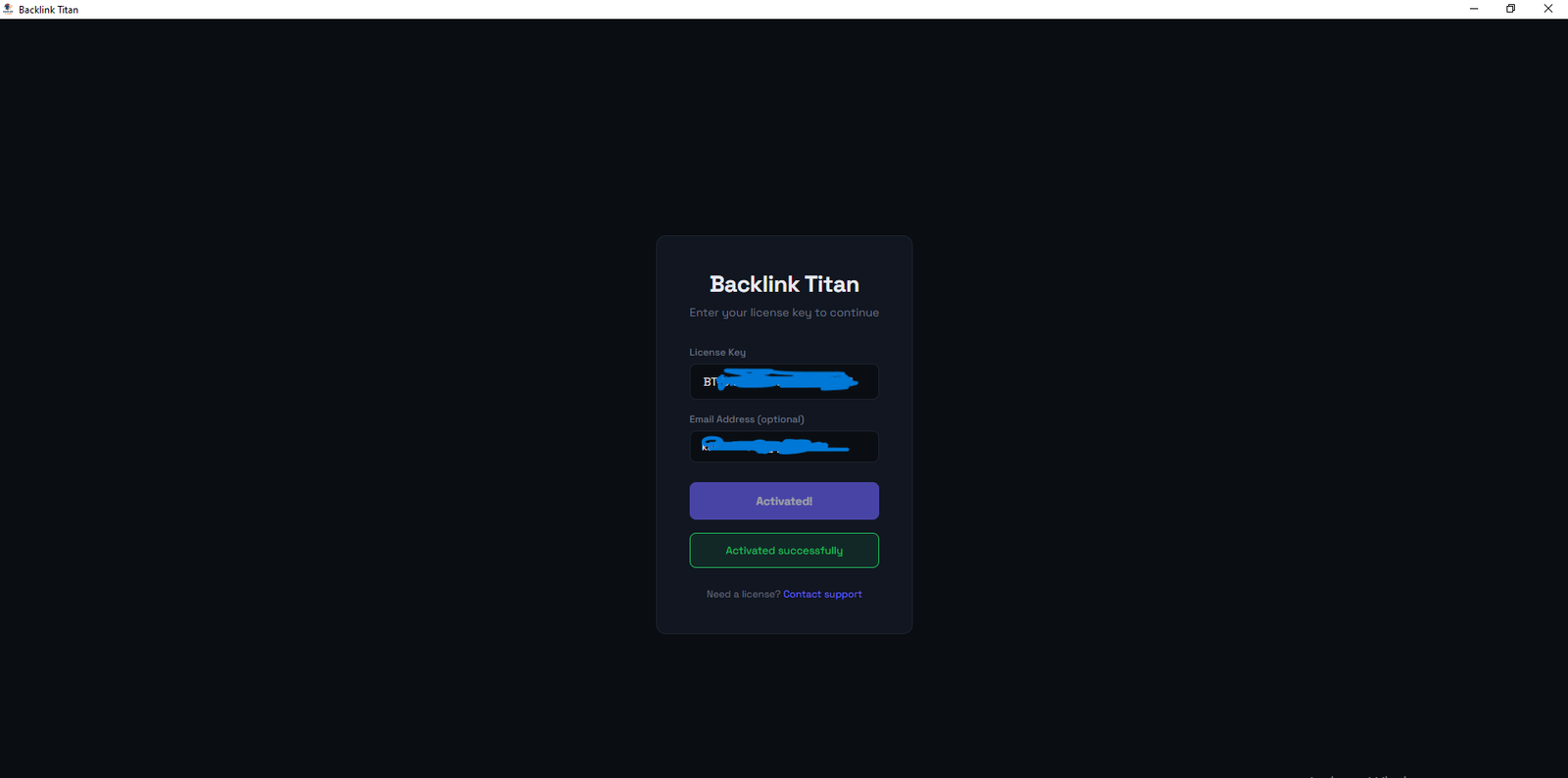 Successful license activation — app dashboard loaded