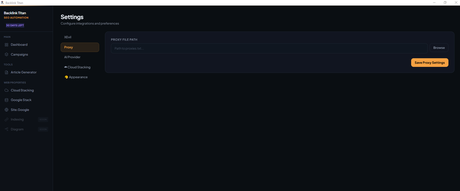 Proxy file path configured in Settings