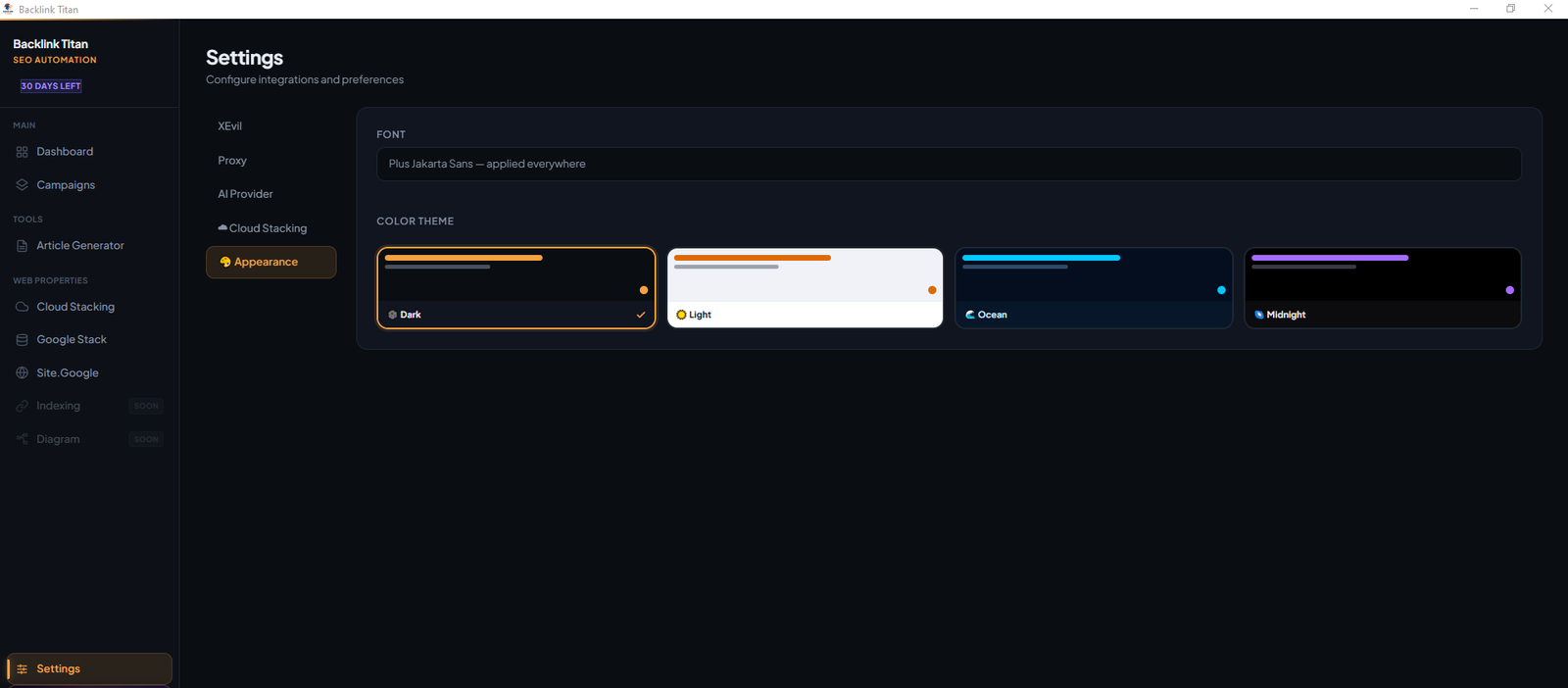 BacklinkTitan Settings page